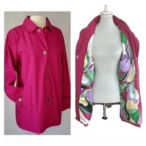 Dennis Basso pink trenchcoat with multicolor satin liner